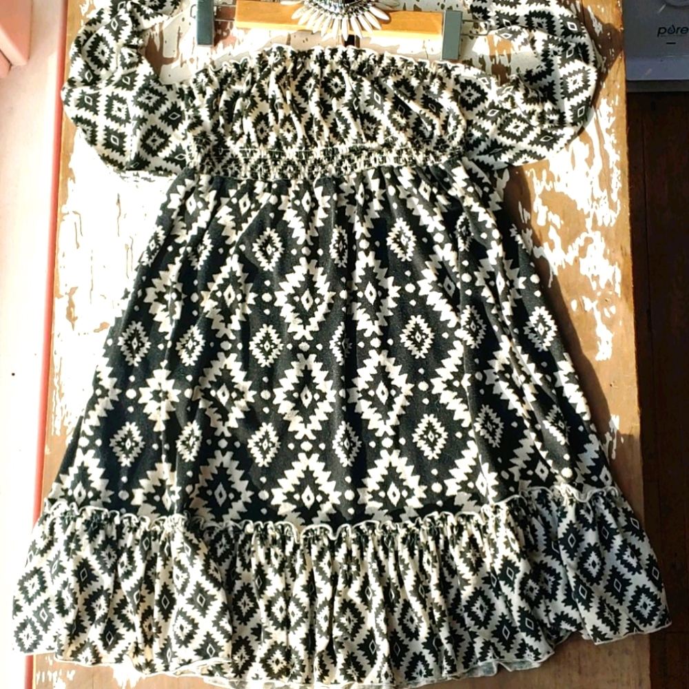 F21 Tribal Tie Back Pleats & Ruffle Shirt Dress